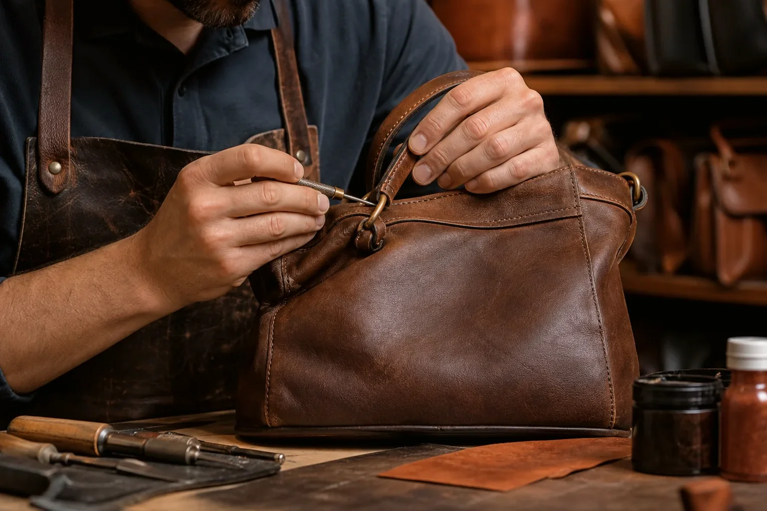 Profissional reformando bolsa de couro em Araucária.