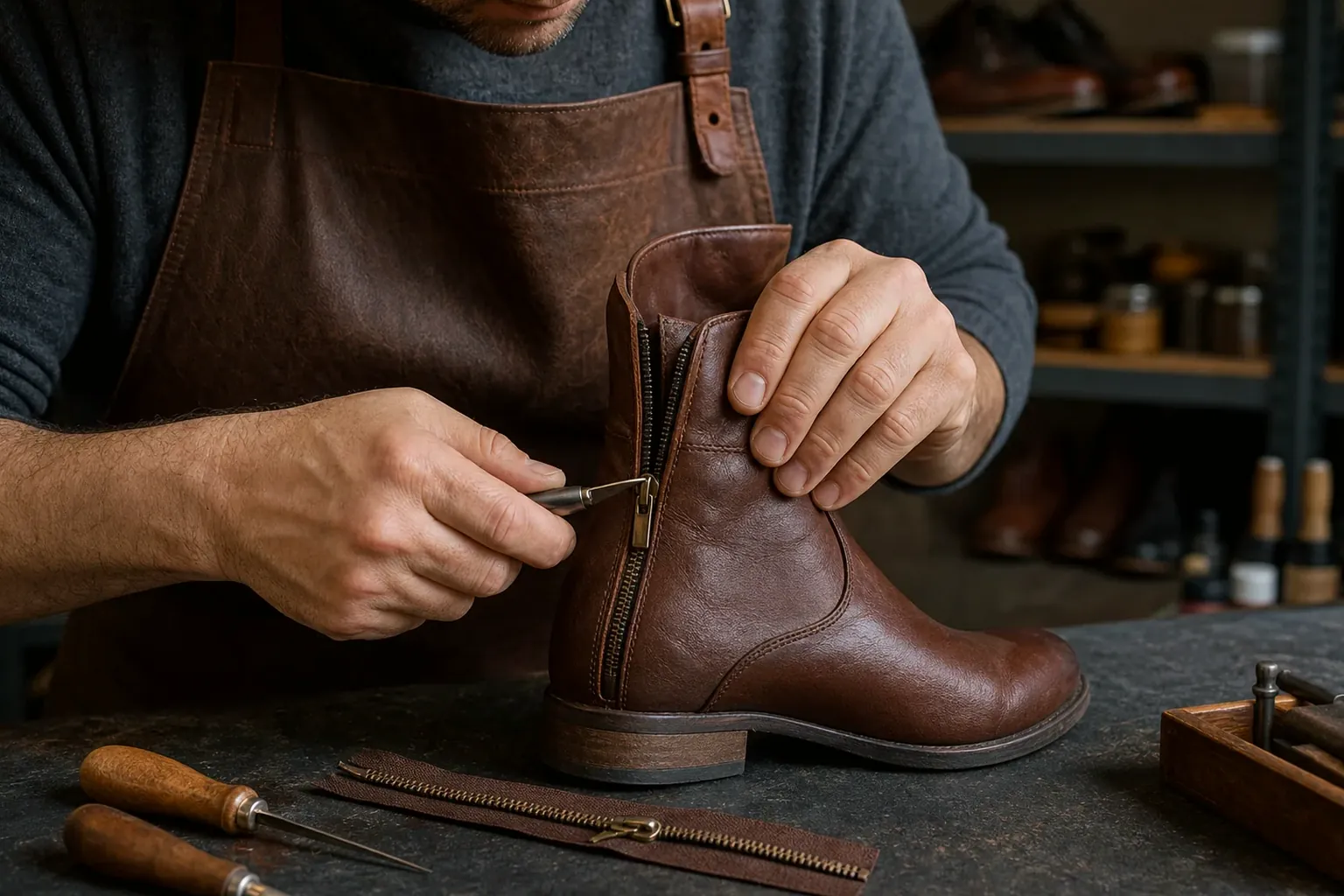 Profissional reparando zíper de bota em Araucária.